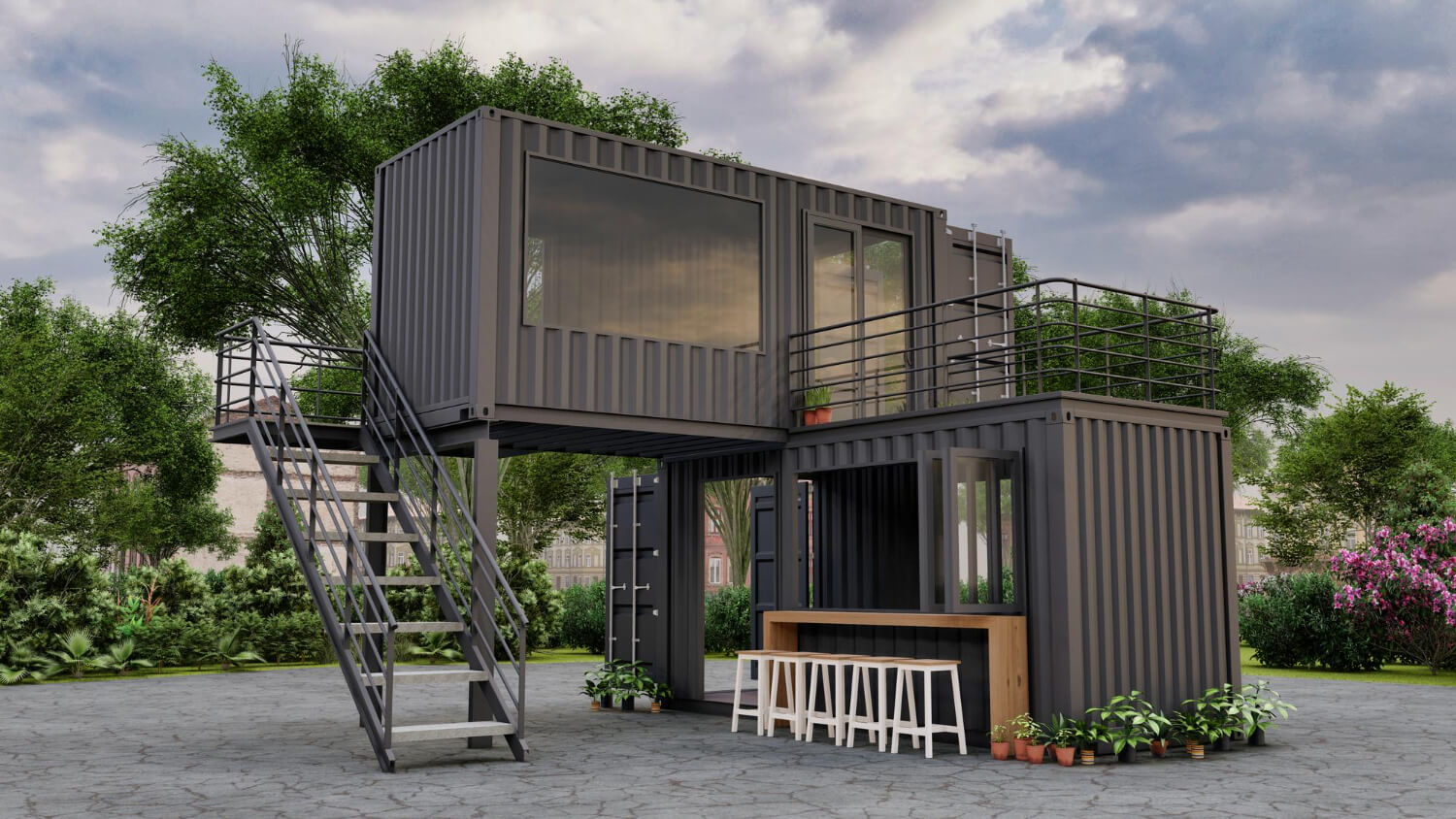 2-storey-container-cafe-restaurant-3d-illustration 2-storey-container-cafe-restaurant-3d-illustration